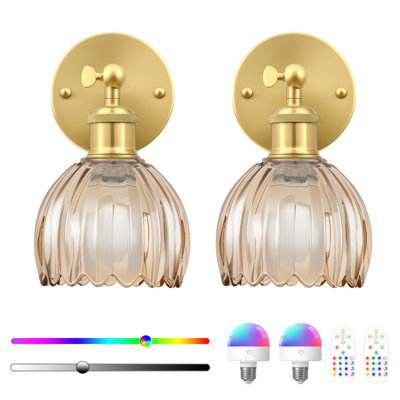 Battery Operated Wall Sconces With Remote Control With Amber  Tulip Glass Lampshad  (Set Of 2)