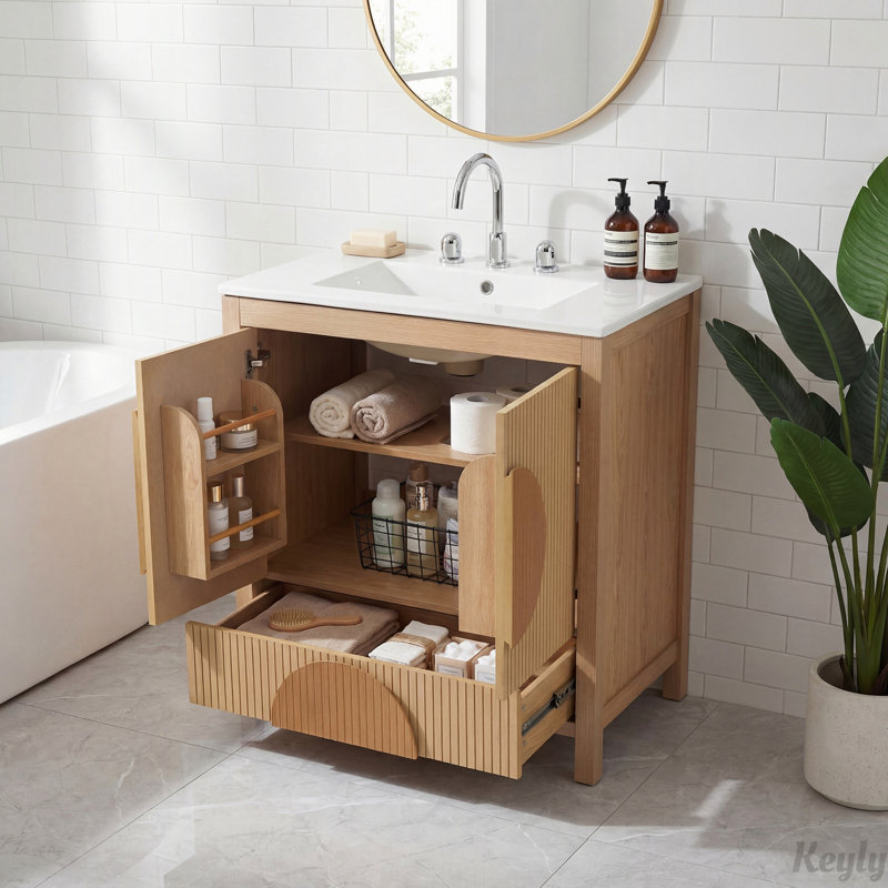 Meuble-lavabo de salle de bain cannelé de 30 pouces avec lavabo - Armoire en bois moderne autoportante avec portes à fermeture en douceur, 1 tiroir et rangement ouvert, décoration circulaire décorative, bois massif et panneau de fibres à densité moyenne,