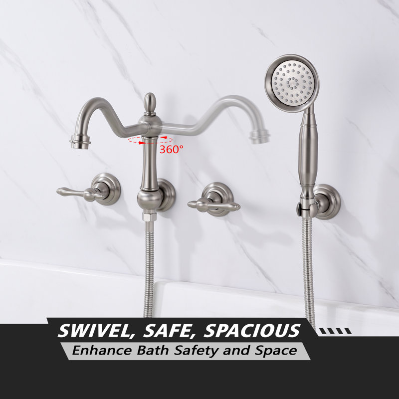 SUMERAIN Brushed Nickel Wall Mounted Bathtub Faucet, 4 Hole Tub Filler with Handheld Shower, 8 Inches Center High Flow