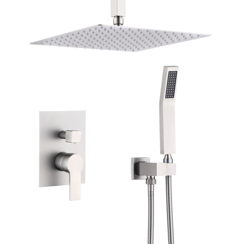 12 Inches Bathroom Shower , Stainless Steel, Balanced, Rain Head With Hand Shower, Ceramic Disc Cartridge, Wall Mounted Kit Installation Assembly