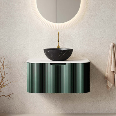 Meuble-lavabo flottant avec rebords courbés et armoire de rangement rayée