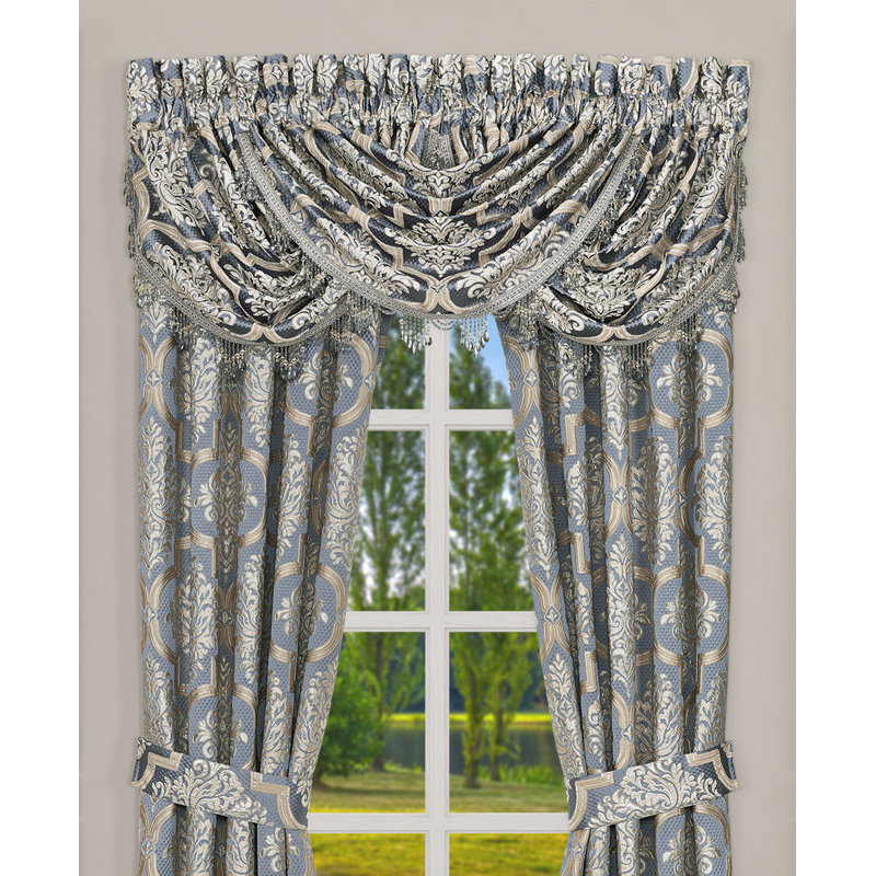 Powder Blue and Gold Jacquard Waterfall Valance with Crystal Tassels