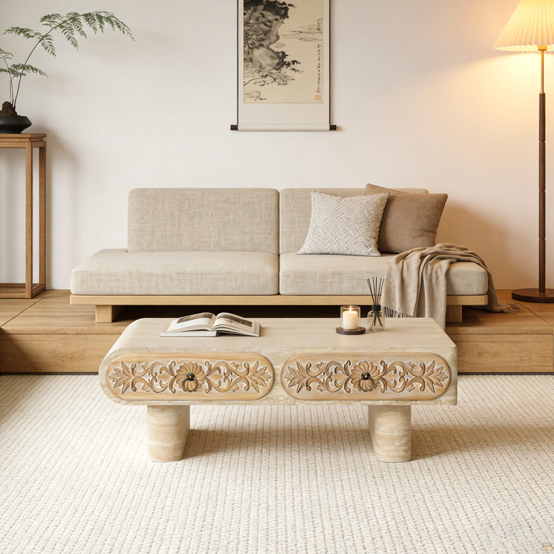 Table basse à bord arrondi avec tiroir en bois massif à motif floral, table basse
