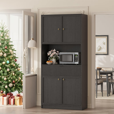 Tall Kitchen Pantry Cabinet, 70" Freestanding Storage Hutch with Countertop Shelf & Drawer, Fluted Panel Cupboard for Kitchen, Dining Room, Entryway, by Bay Isle Home