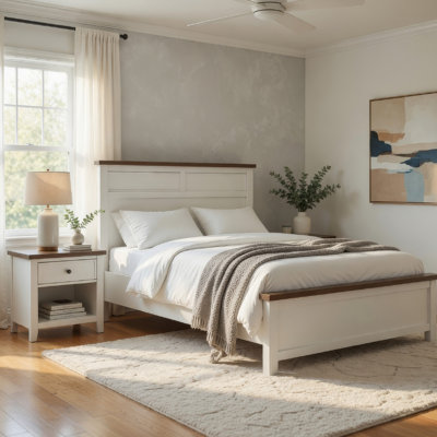 Tela Twin Size Bed W Recessed Panel Headboard, Dark Brown Trim, White
