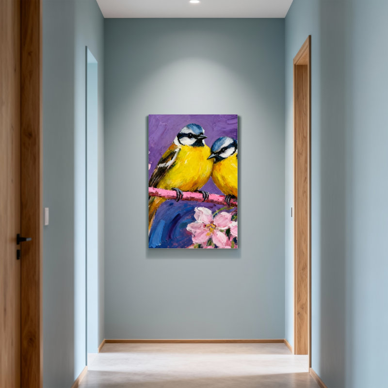 Animaux, oiseaux colorés sur une branche avec des fleurs, H 30 po x l 20 po
