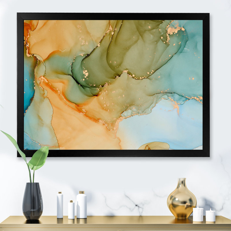 «Brown and Blue Luxury Abstract Fluid Art II», reproduction sur toile, Cadre photo noir, H 16 po x l 32 po