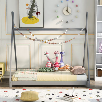 Gray Twin Size Bed With Triangle Platform Structure - Made Of Resilient Pine Wood And Safeguards Simple Assembly Process House In Guarantees ' Included