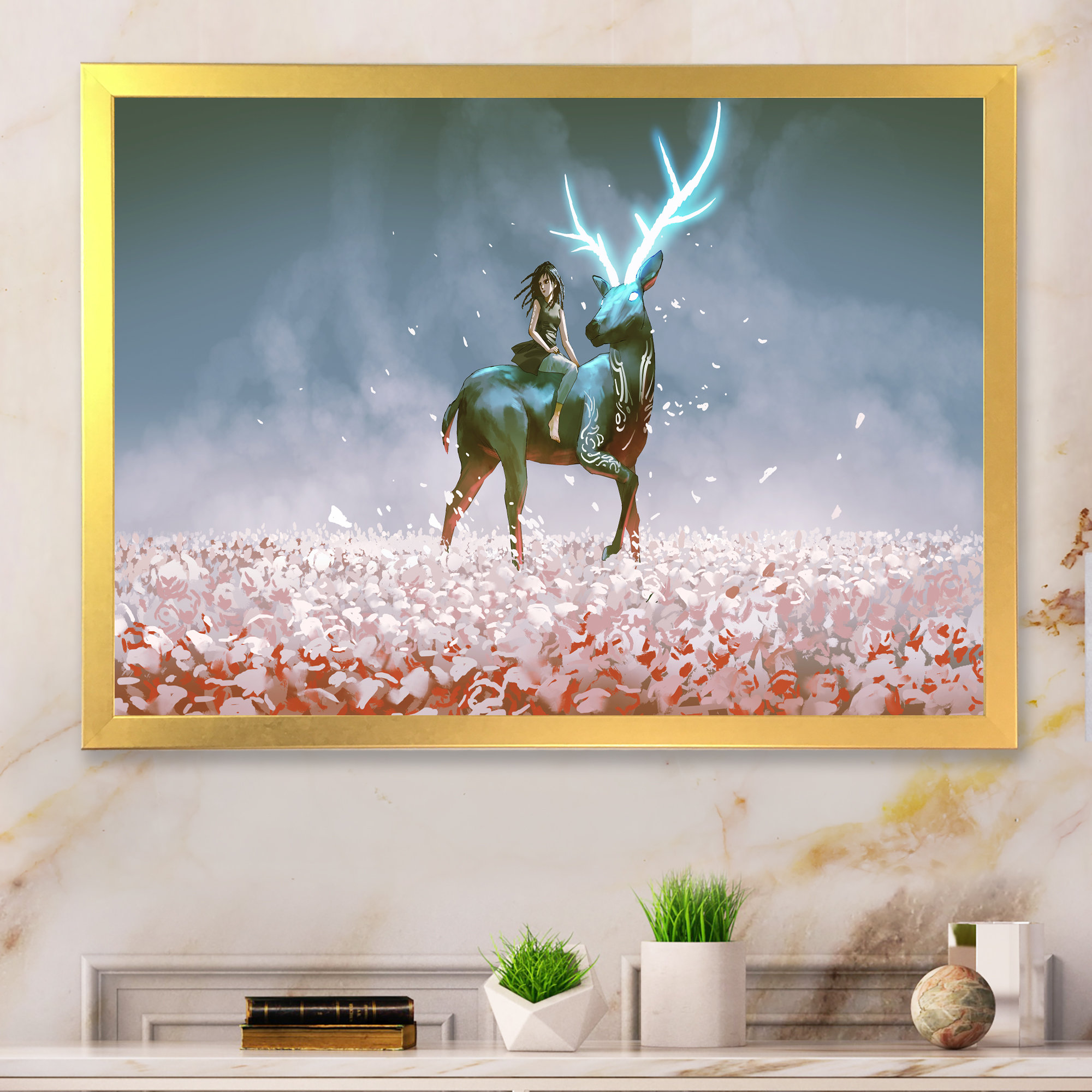 DesignArt Video Game Young Girl With Her Magic Deer - Print on