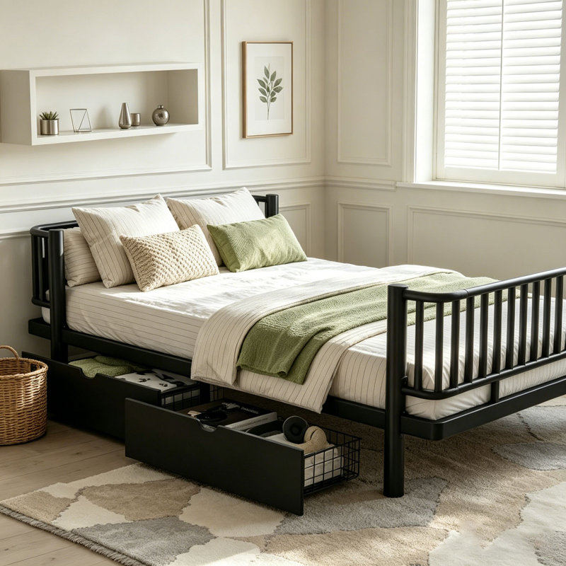 Lit plateforme avec tiroirs de rangement, Lit double, Noir
