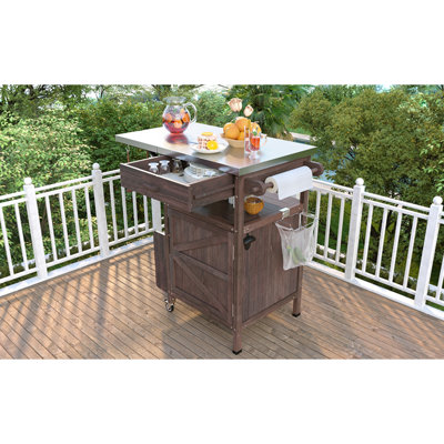 Chariot de barbecue extérieur de 40,5 po avec plateau en acier inoxydable, armoire de rangement d'extérieur en bois massif avec abattant, un tiroir, porte-serviettes, chariot de cuisine roulant avec roues verrouillables