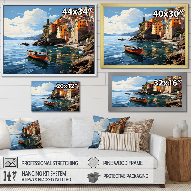 «Beige Italy Cinque Terre I» sur toile, Cadre flottant doré, H 30 po x l 40 po x P 1,5 po