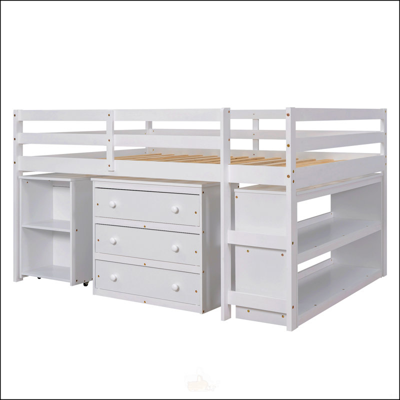 Lit mezzanine double bas avec cabinet, tablettes et bureau portatif à roulettes, parfait pour une utilisation compacte et multifonctionnelle dans les petites pièces