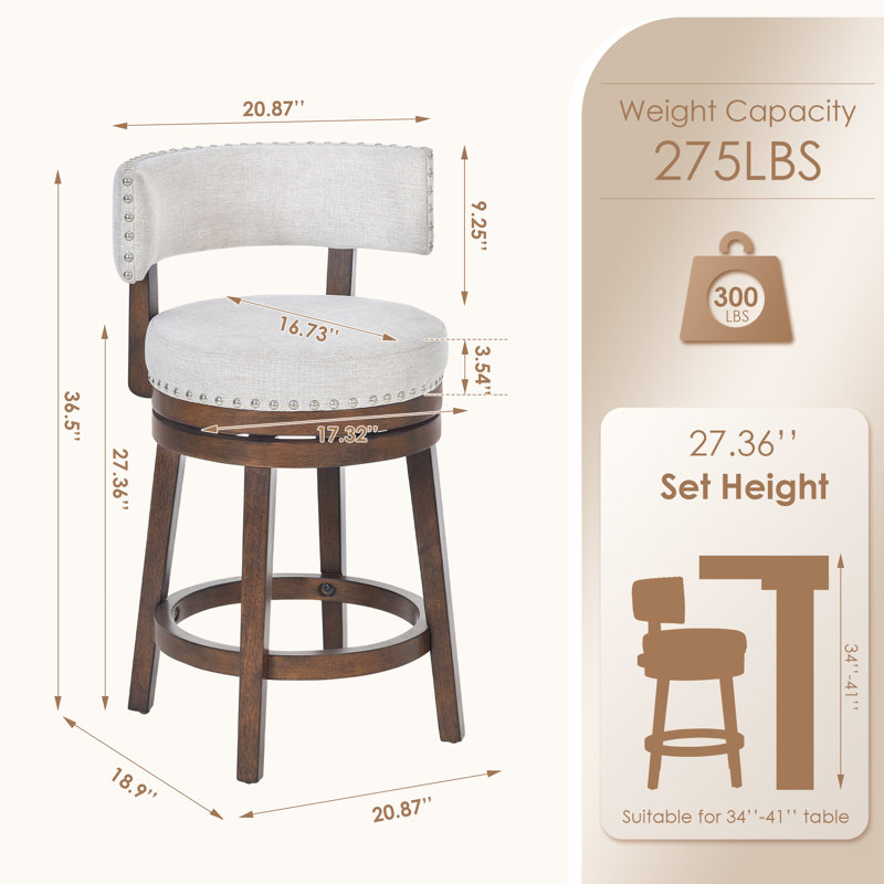 Tabouret de bar et de comptoir rembourré pivotant à 360°, structure en bois massif, siège et dossier rembourrés, garniture cloutée, tabouret pour îlot de cuisine