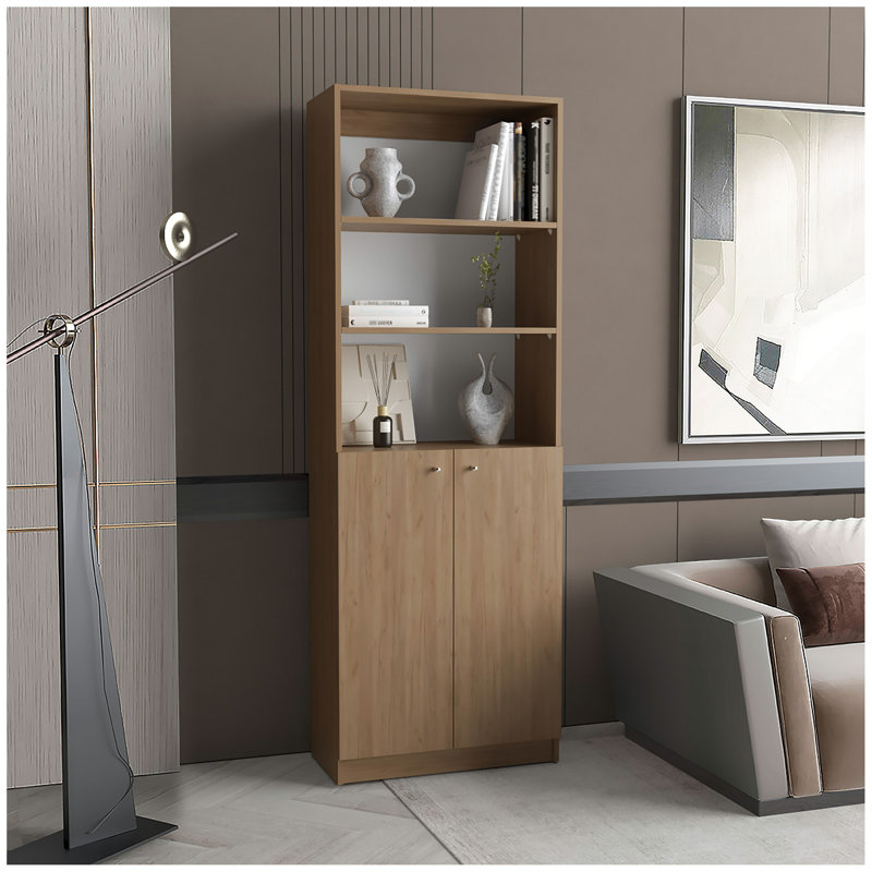 2-Door Bookcase With Upper Shelves, Natural Wood