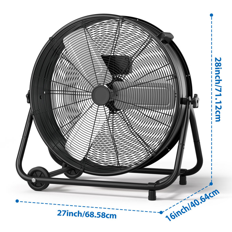 LifePlus 24 Inch Industrial Drum Fan High Velocity Floor Shop Fan 3 Speed, Heavy Duty Metal Air Circulator with Adjustable Tilt & Large Wheel for Warehouse, Garage