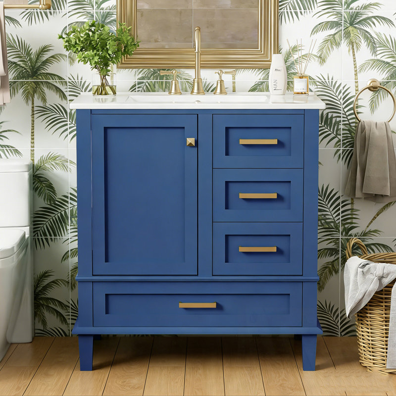 Meuble de salle de bain avec lavabo, porte à fermeture en douceur et 3 tiroirs, Bleu