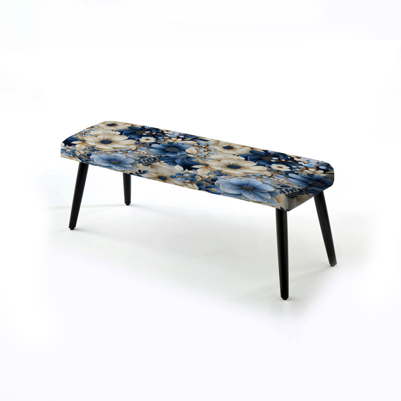 White And Blue Ranunculus Fauna Pattern II - Floral Upholstered Black Bench