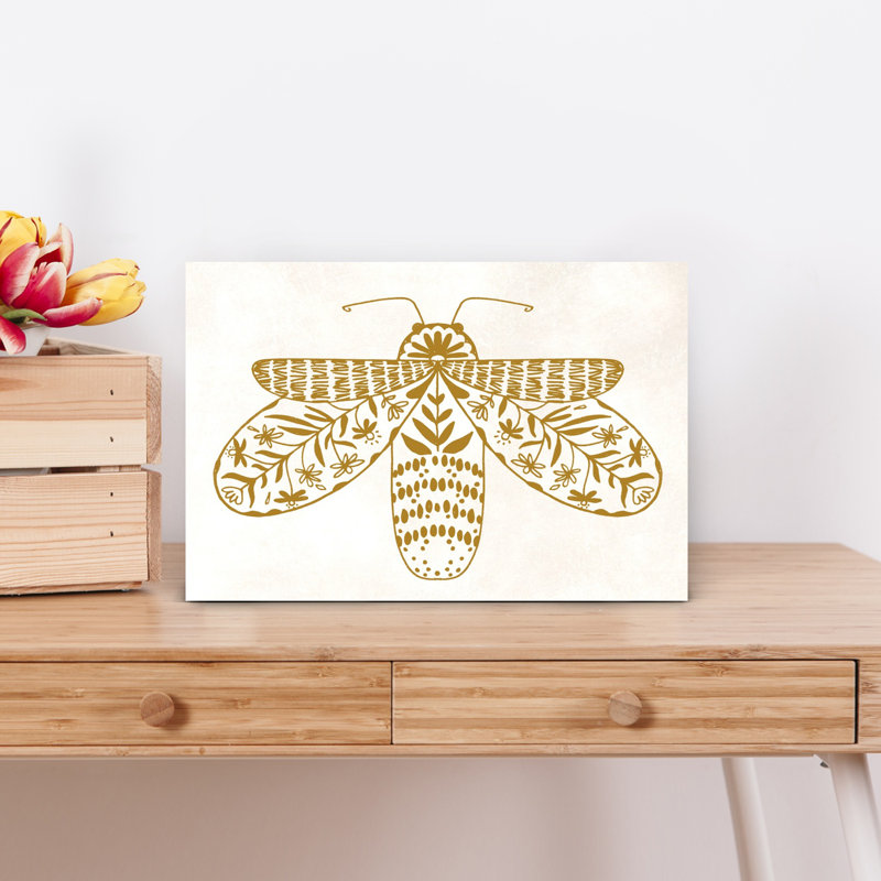 Golden Folk Moth Bee Moth Flower Nature Wall Art Print 1 Piece Wrapped Canvas Wall Art, 30.48cm H x 45.72cm W