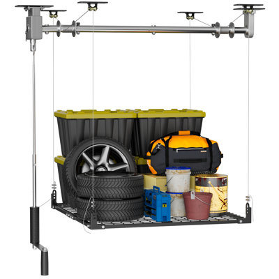 4x4 Ft Overhead Garage Storage Rack – Heavy-Duty Ceiling Lift with Hand Crank, Adjustable Axle & Secure Lock, Holds 400 Lbs for Garage Organization