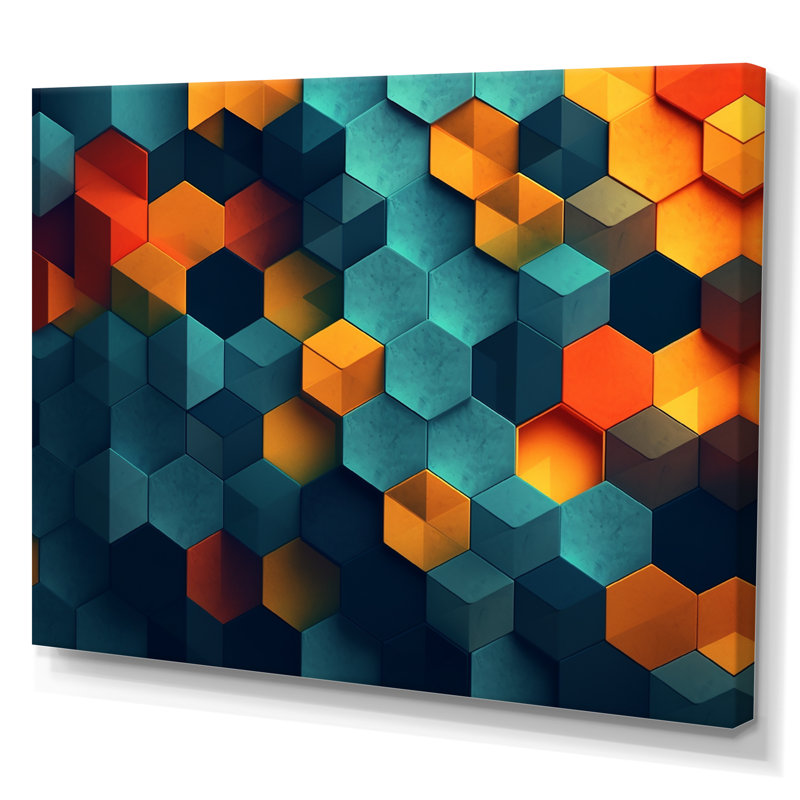 Abstractions géométriques orange et turquoise, reproduction sur toile, H 30 po x l 40 po x P 1,5 po, Toile tendue