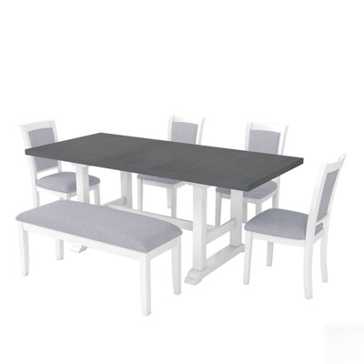 Extendable Trestle Dining Table Set With Removable Leaf, Upholstered Chairs And Bench For Comfortable Seating