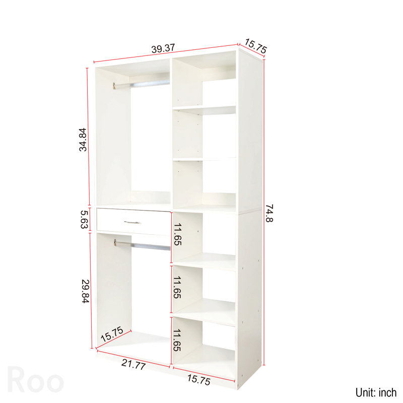 Armoire-penderie autoportante avec 6 tablettes ouvertes, 1 tiroir en bois et 2 tringles, fini blanc