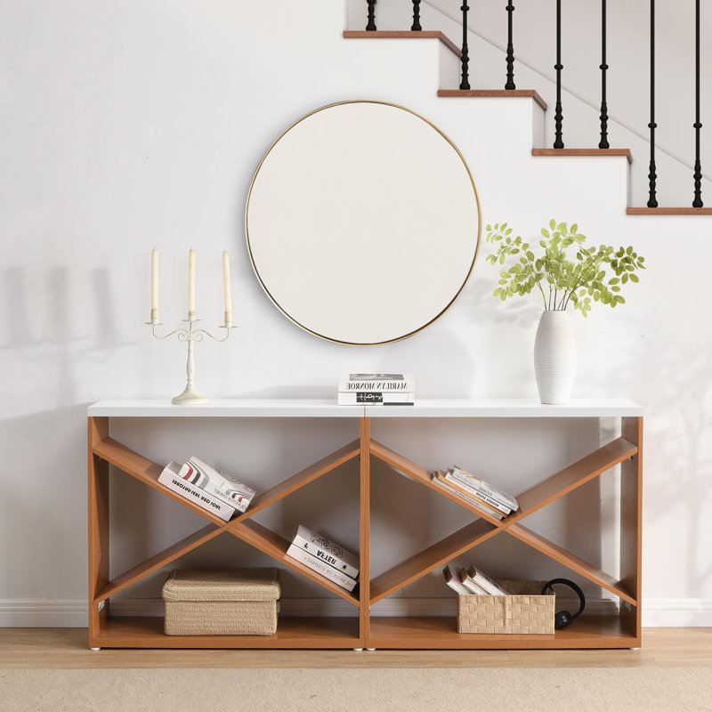 70.8''L Detachable X Shape Console Table Extra Long Table With Storage For Home, White, Brown