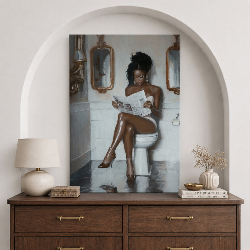 Élégance «Femme glamour lisant un journal, œuvre d'art chic, salle de bain / meuble-lavabo / salle d'eau, peintures murales, impression sur toile numérique encadrée»