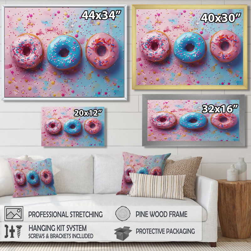 Décoration murale délicieuse rose et bleu Sparkle Donuts I - Donuts alimentaires, Toile tendue, H 12 po x l 20 po