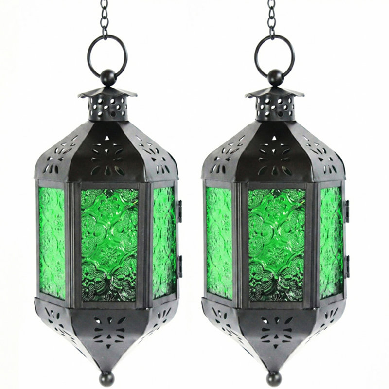 Hanging Moroccan Decorative Candle Lantern with Chain for Outdoor Patio or Porch (Set of 2), Small, Green