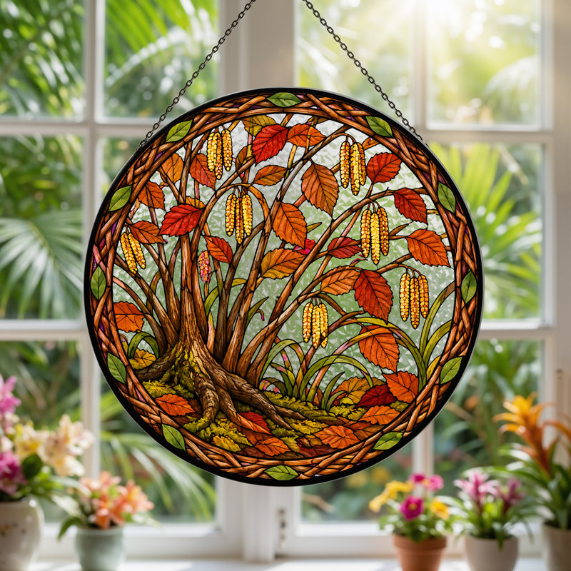 Arbre d'automne avec chatons et feuilles rouges dans un cercle tissé, art mural sur toile, H 12 po