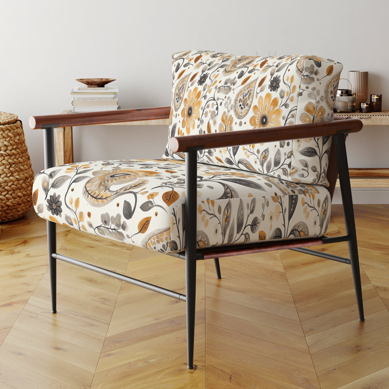 Chaise d'appoint Country Farmhouse - Fauteuil brun à motif cachemire neutre Bloom, Bras ronds bruns