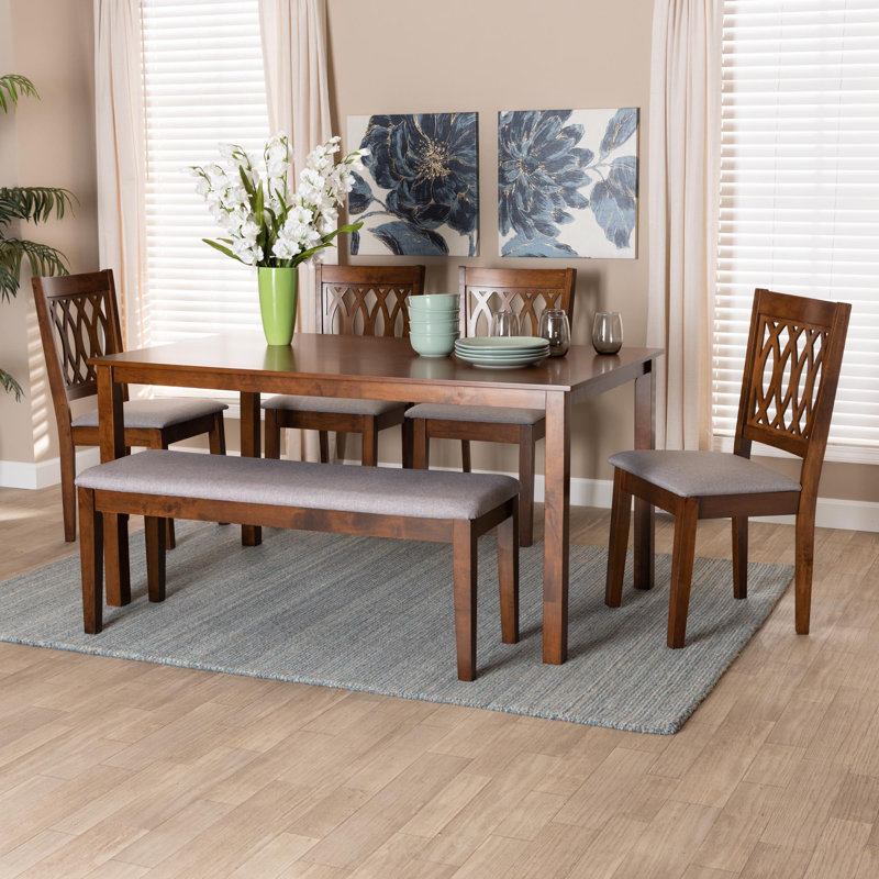 6 - Person Four Leg Dining Set,  Walnut Brown,  Walnut Brown/Gray
