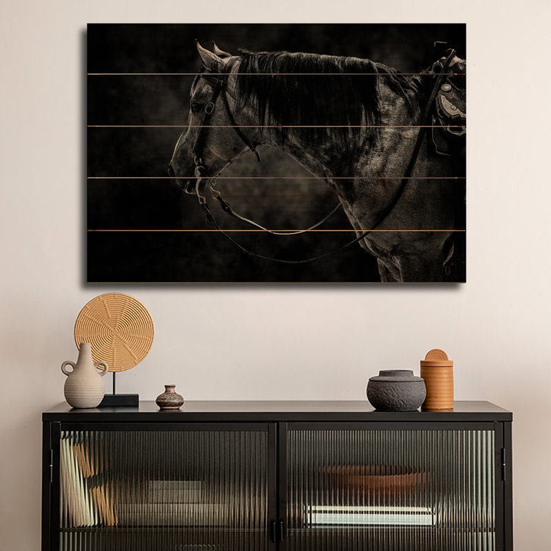 Reproduction d'art mural en bois - Cheval en animal noir et blanc par Adrian Vieriu, H 18 po x l 26 po