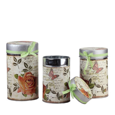 Ensemble de 3 contenants métalliques empilables floraux et papillons - 9,5 po