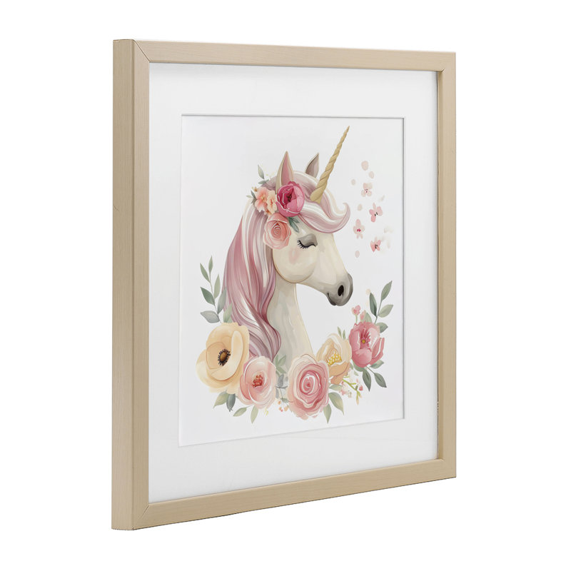 Licorne avec couronne florale, reproduction encadrée sous verre, design by Creative Studio, H 16 po x l 16 po