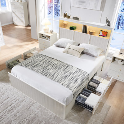  Bed Frame with Storage Headboard, LED Lights/Storage Headboard Charging Station, Modern 4-Drawers with Fluted Queen Size Wood Platform Bed Frame