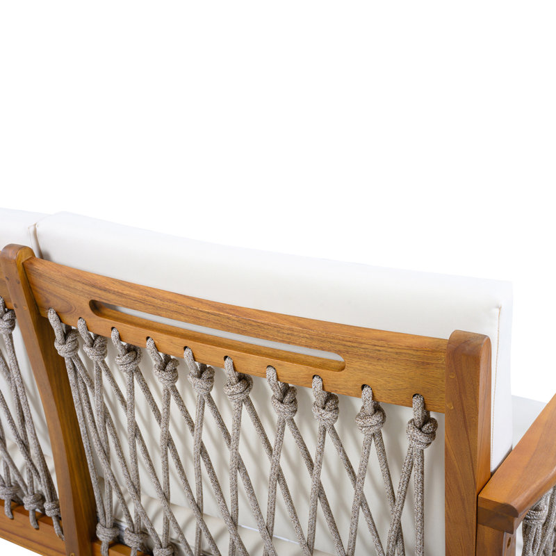 Ensemble de causeuse et table basse d'extérieur en bois d'acacia avec corde tissée à la main, finition teck, Avoine / teck