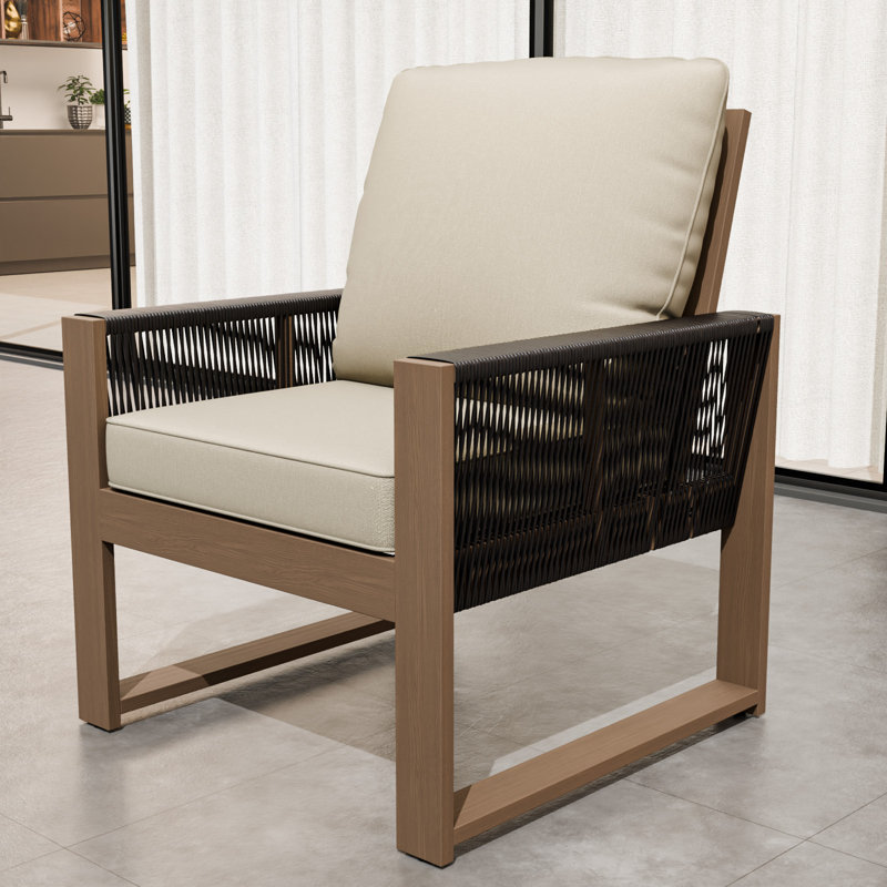 Fauteuil d'extérieur en osier brun avec coussin 1 pièce, Beige