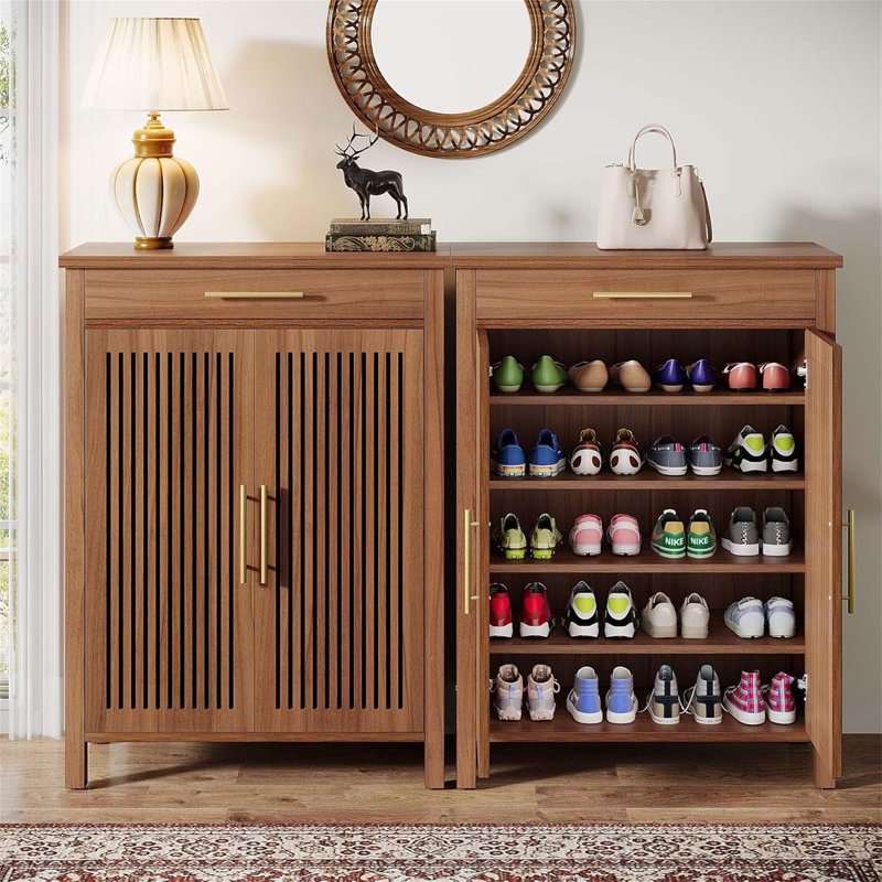 5-Tier Shoe Storage Cabinet With Louvered Doors And Drawer, Freestanding Wooden Organizer For Entryway, Hallway, Closet