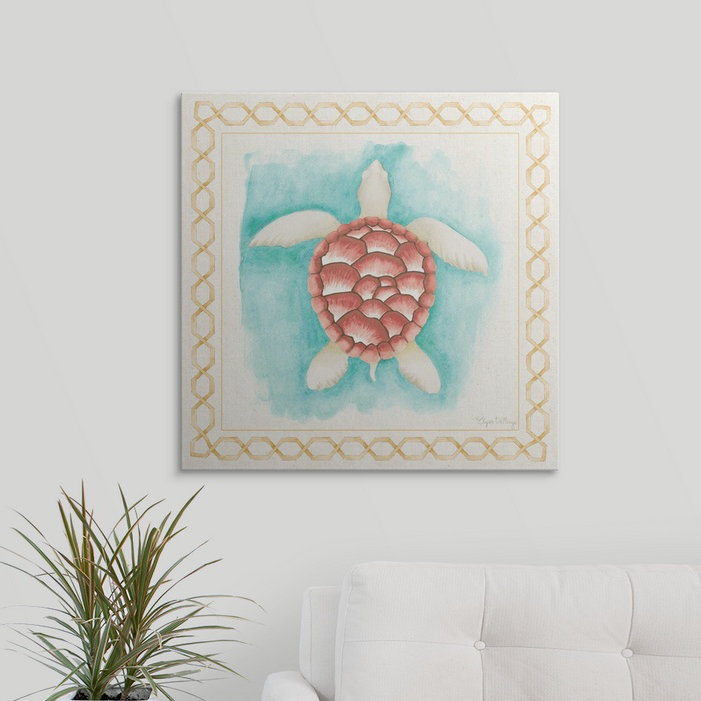 Mccallister " Coastal Mist Sea Turtle Border Turquoise " by Elyse DeNeige, 35" H x 35" W x 1.5" D, Canvas