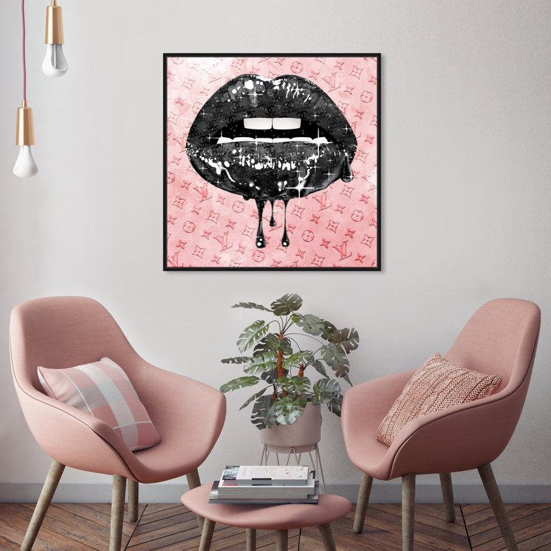 Fashion and Glam Noir and Blush Lips - impression d'art graphique, H 24 po x l 24 po x 1,5 po, Toile avec cadre noir