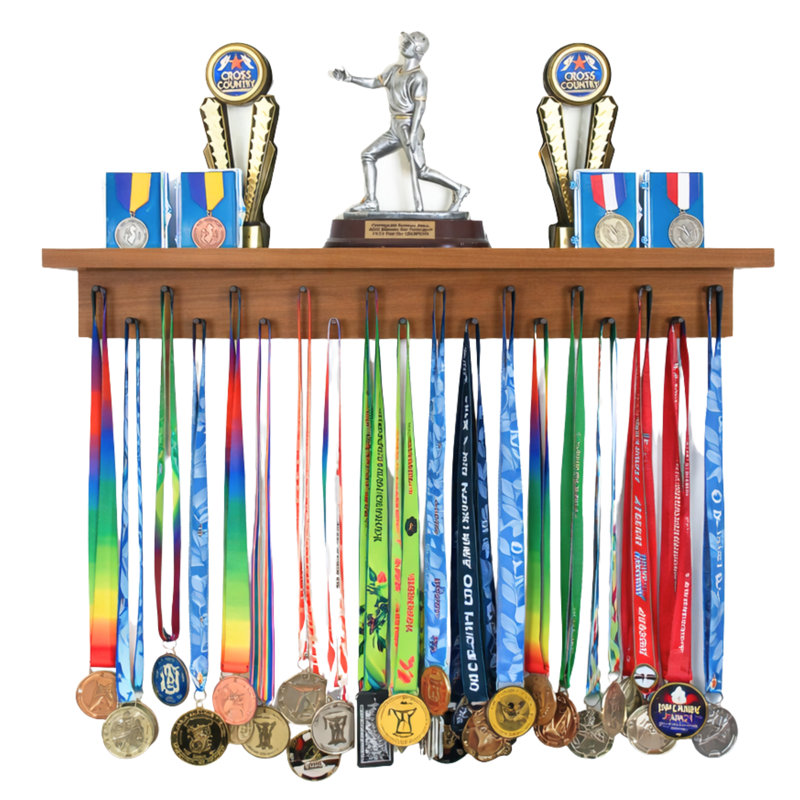 Chanyah -  2' Trophy Shelf and Medal Hanger Display, Walnut, 3.5" H x 24" W x 3.5" D