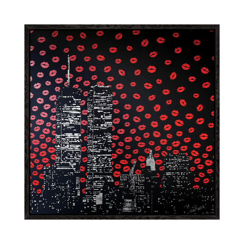 Love Kisses Over New York by Alla GrAnde - Print on Canvas, 45.72cm H x 45.72cm W x 3.81cm D, Black Floater Framed
