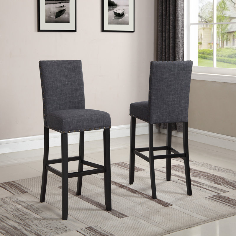 Biony 3-Piece 36" Round Espresso Finish Bar Table With 2 Gray Fabric Nail Head Pub Chairs, Gray
