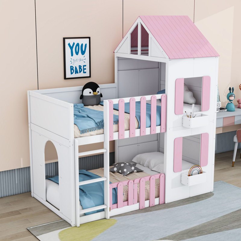 Lit superposé en bois en forme de maison avec barrières de sécurité et échelle, Lit superposé simple sur simple, Rose