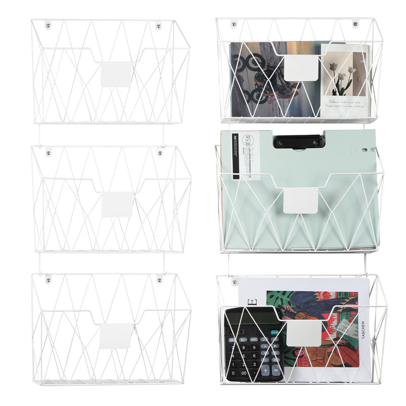 Wall Mounted File Rack For Office With Hooks, Set Of 6, White