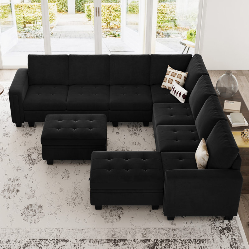 Canapé modulaire en velours de salon avec 2 repose-pieds avec rangement Shavera, Velours noir