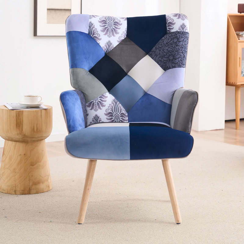 Fauteuil décoratif à haut dossier pour chambre et coin lecture Floral Patchwork, Mélange de polyester bleu